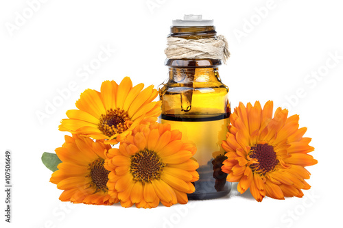 Essential oil made from marigold on a white background photo