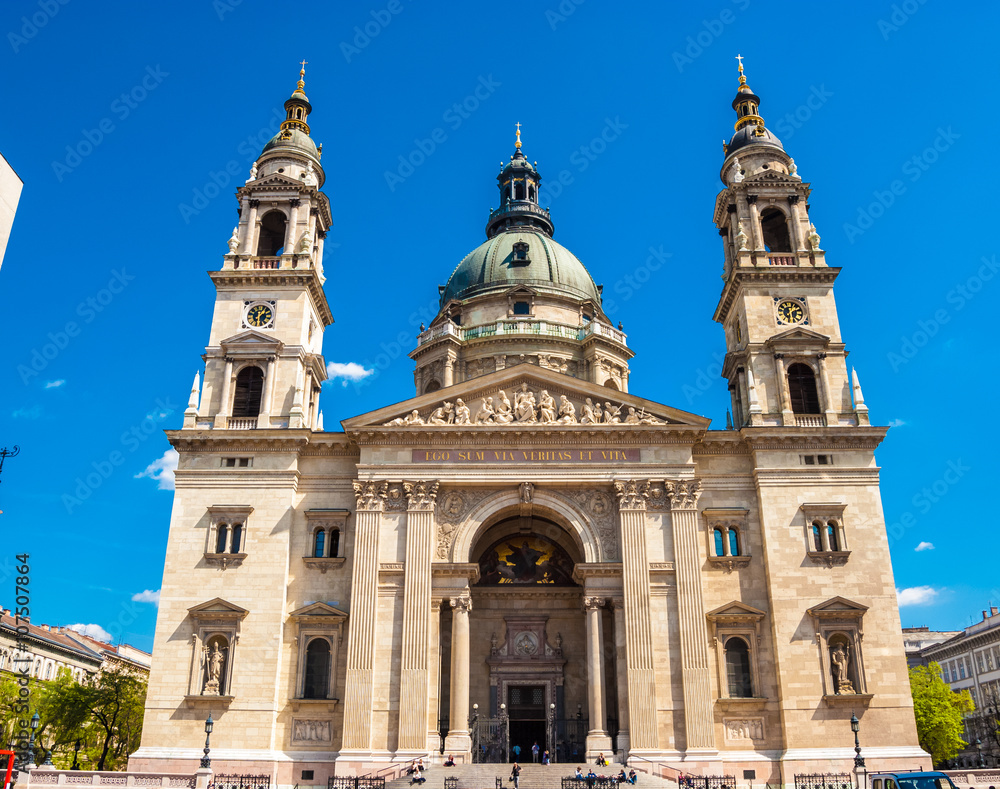 Facade of St. Stephen's Basilica in Budapest, Hungary.