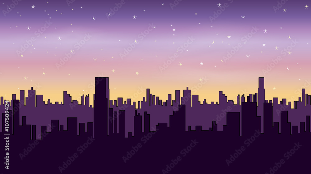 Night city at dawn. Seamless panoramic background.