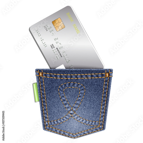 Denim pocket with credit card on a white background.