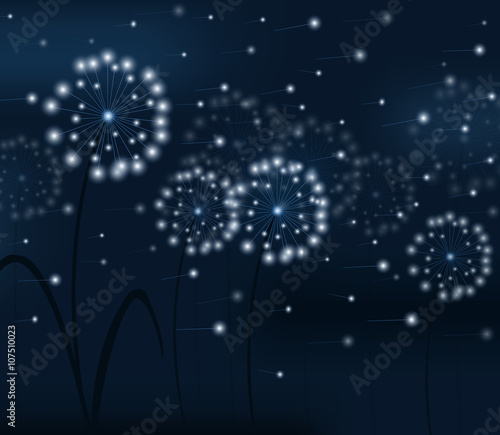 Vector illustration with dandelion white seed heads and flying seeds on deep blue background