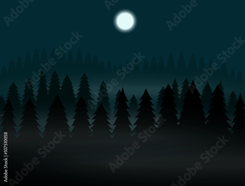 Vector illustration with boreal forest at full moon foggy night