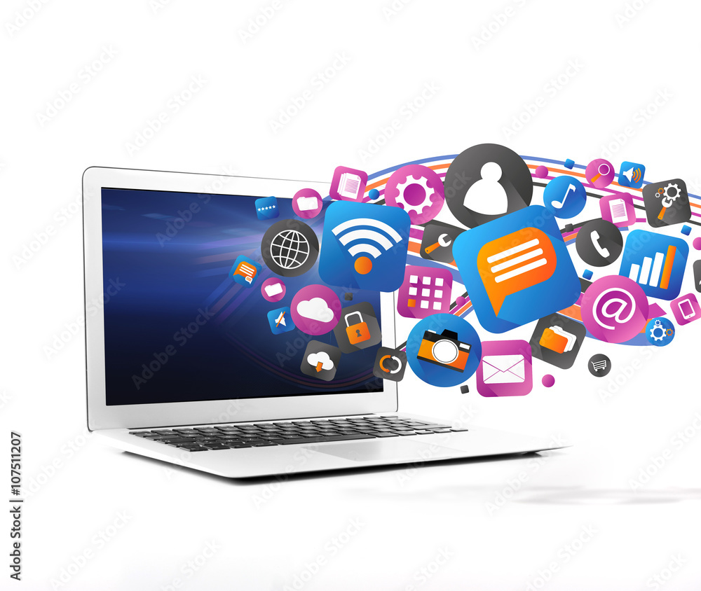 Cloud of technology icone going out a computer Cloud of technology icone going out a computer