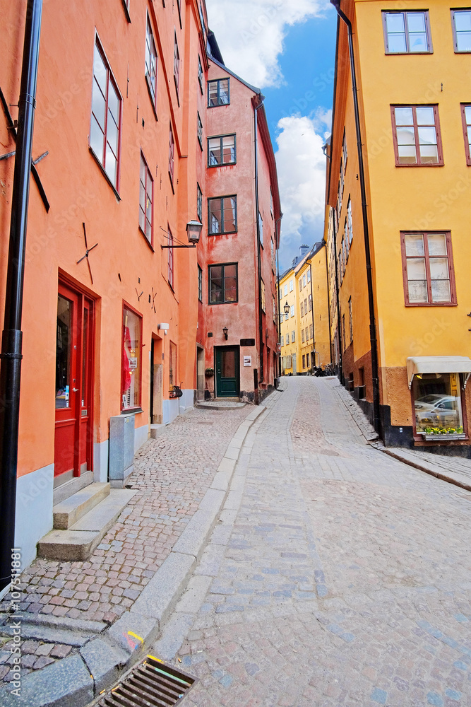 Fototapeta premium Stockholm, Sweden - March, 16, 2016: landscape with the image of Old Town street in Stockholm, Sweden