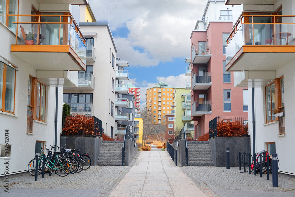 Stockholm, Sweden - March, 19, 2016: multystoried inhabited buildings in Stockholm, Sweden