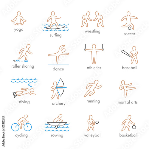 Colored vector icons of sportsmen on white background. Set of linear figures of athletes of water and summer sports. Line figure athletes popular sports. Set of vector athletes.