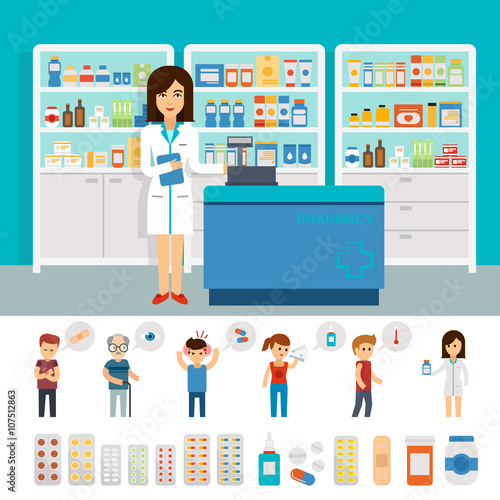 Pharmacy infographic elements and flat banner design. Vector pharmacy drugstore set design. Drugs icons: pills capsules and prescription bottles. Flat vector woman pharmacist and people with illnesses