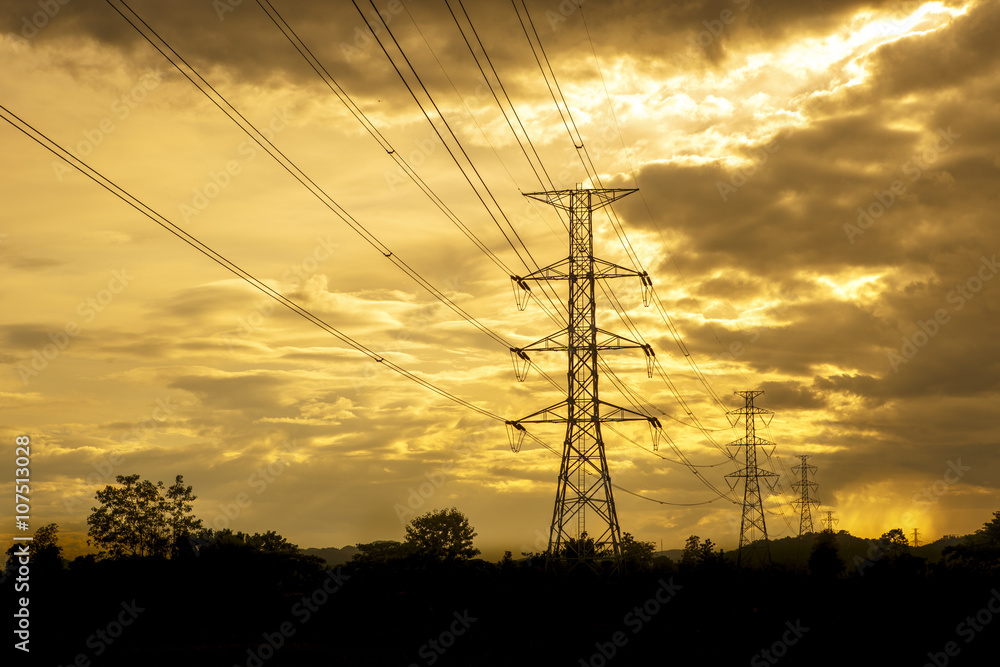 Electric power line with colorful sky at sunset - Vibrant color
