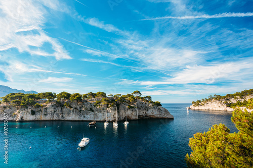 White Yachts boats in bay. Calanques in the azure coast of Franc