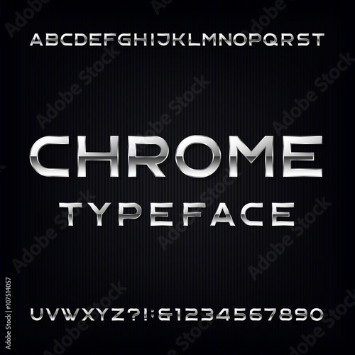 Chrome Alphabet Vector Font. Modern metallic letters and numbers on the dark background. Stock vector typeface for your design.