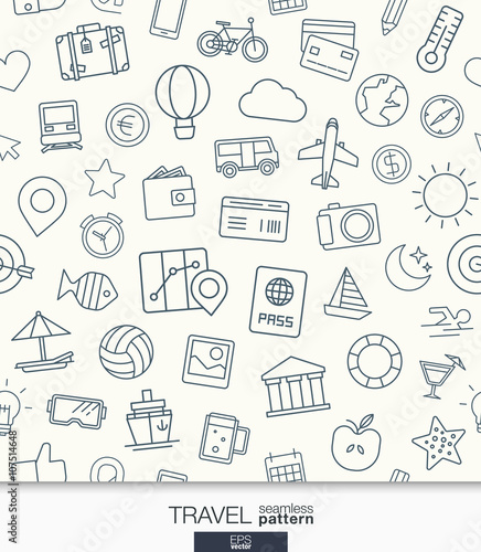 Travel wallpaper. Black and white trip seamless pattern. Tiling textures with thin line web icons set. Vector illustration. Abstract background for mobile app, website, presentation.
