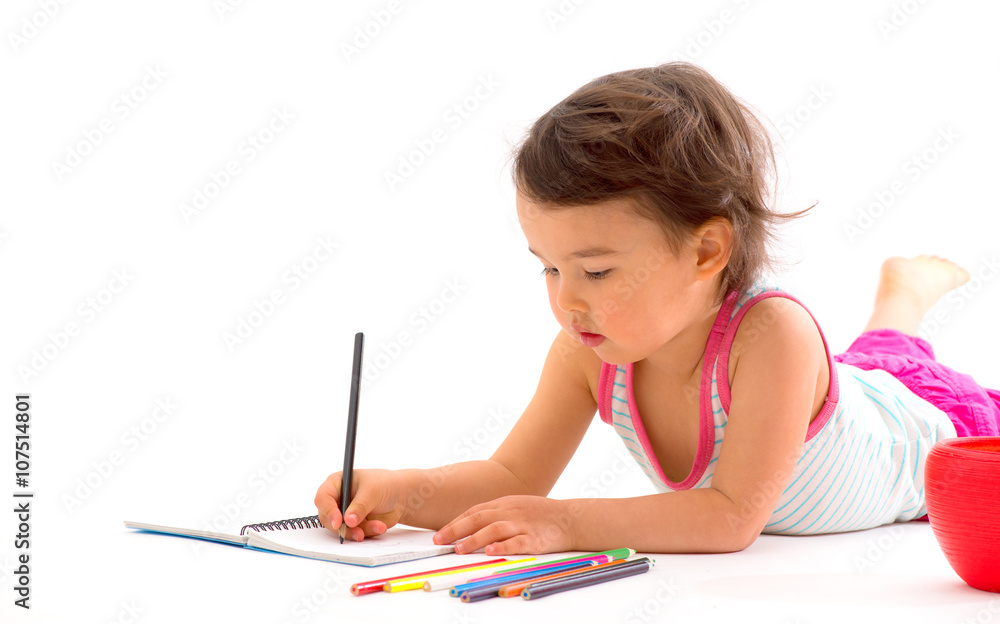 beautiful little girl drawing with multicolored pencils isolated on white beautiful little girl drawing with multicolored pencils isolated on white