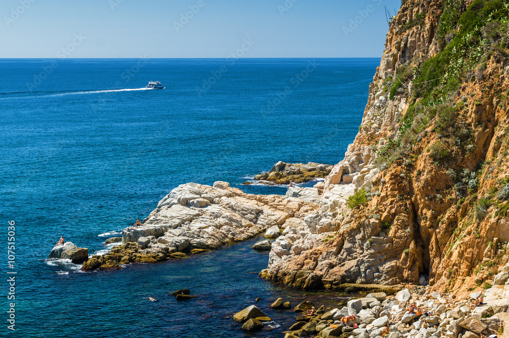 Sunny view of Mediterranean sea from fortress Tossa de Mar, Girona province, Spain.