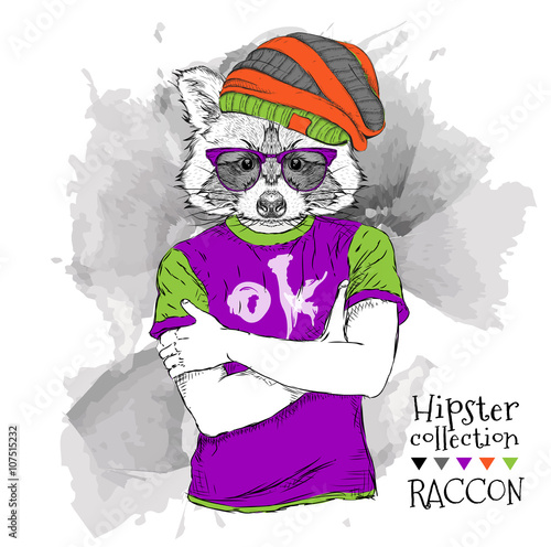Illustration of Raccoon hipster dressed up in t-shirt, pants and  in the glasses and headphones. Vector illustration.