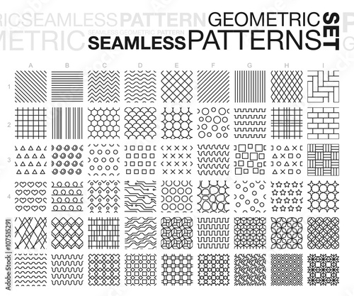 Black and white geometric seamless patterns. Thin line monochrome tiling textures set. Vector illustration.