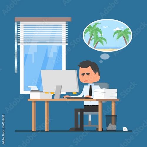 Business man working hard and dreaming about vacation on a beach. Vector illustration in flat cartoon style.