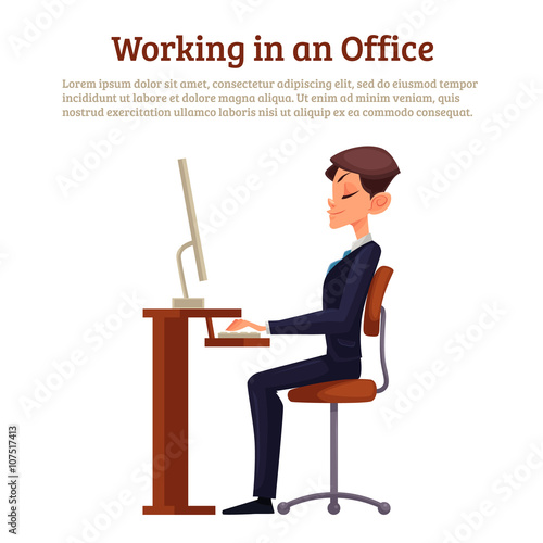A man sitting at a table, vector illustration of office work, concept of correct posture of worker in his chair, working prints on keyboard looking at the monitor. Education, training, Developing