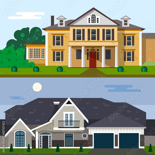 Luxury house exterior vector illustration in flat style design. Home facade and yard