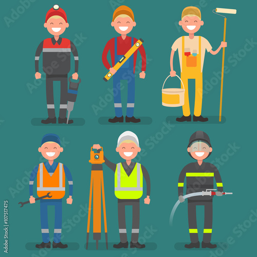 male profession miner, builder, painter, mechanic, surveyor, fireman Set of illustrations in a flat design