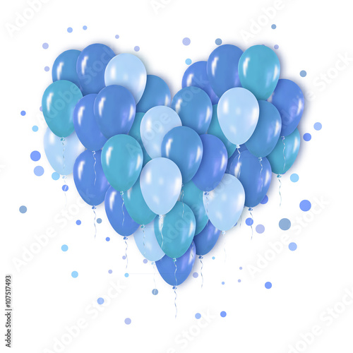 Blue Metallic Realistic 3d Heart Bunch of  Balloons Flying for Party and Celebrations with confetti. Trendy Design element of Happy Birthday or Valentine's day. Vector Illustration.