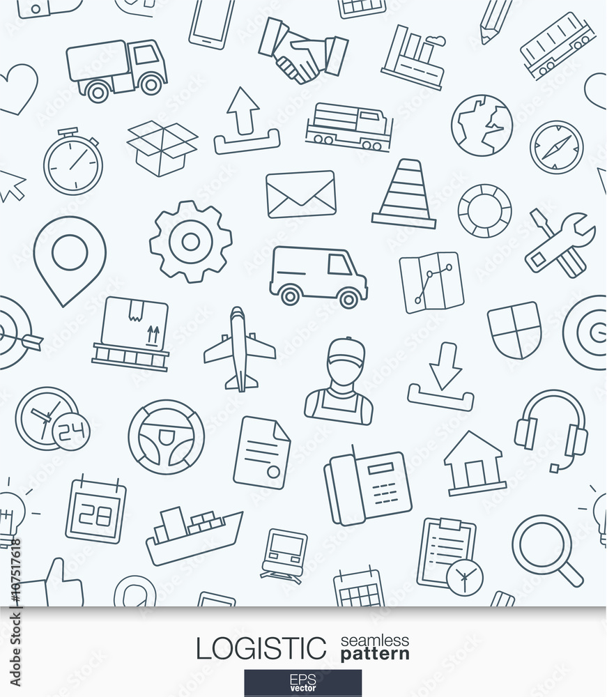 Logistic business wallpaper. Delivery and distribution seamless pattern. Tiling textures with thin line web icons set. Vector illustration. Abstract background for mobile app, website, presentation Logistic business wallpaper. Delivery and distribution seamless pattern. Tiling textures with thin line web icons set. Vector illustration. Abstract background for mobile app, website, presentation