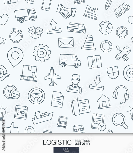 Logistic business wallpaper. Delivery and distribution seamless pattern. Tiling textures with thin line web icons set. Vector illustration. Abstract background for mobile app, website, presentation