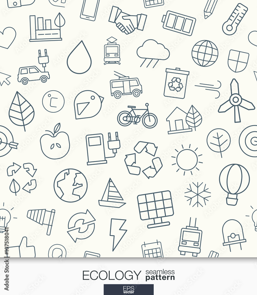 Naklejka premium Ecology wallpaper. Black and white marketing seamless pattern. Tiling textures with thin line web icons set. Vector illustration. Abstract background for mobile app, website, presentation.