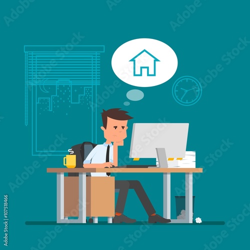 Business man working and dreaming about home. Vector illustration, flat cartoon style. Office worker in stress