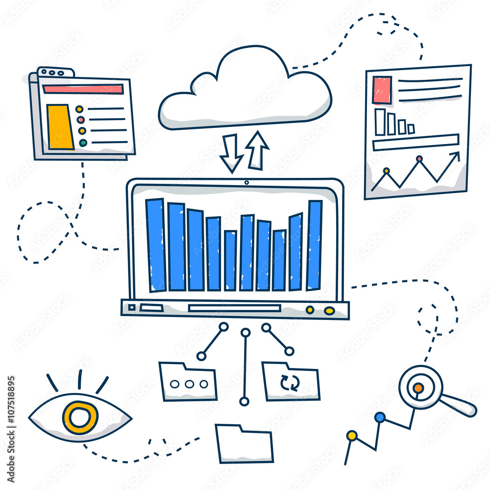 Obraz premium Doodle style concept of general research & analysis, problem solving, collecting data, scientific technologies approach. Modern line style illustration for web banners, hero images, printed materials