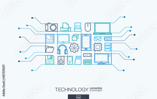 Circuit board vector background, with connected flat design icons. Illustration for digital, internet, network, social media, cloud, global concepts. Technology integrated thin line symbols.