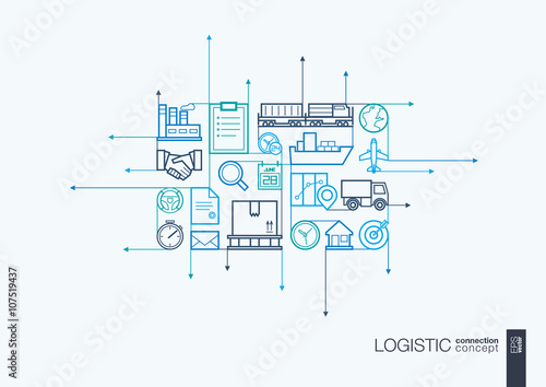Logistic integrated thin line symbols. Motion arrows vector concept, with connected flat design icons. Illustration for delivery, service, shipping, distribution, transport, communicate concepts