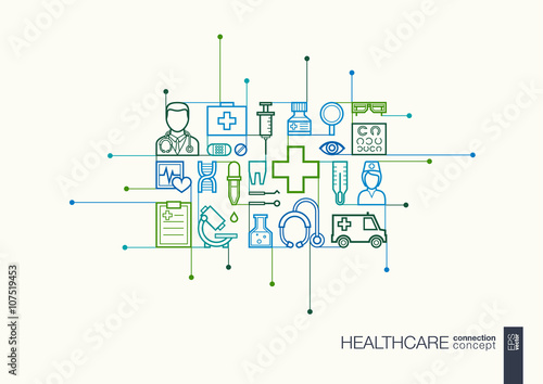 Healthcare integrated thin line symbols. Modern linear style vector concept, with connected flat design icons. Abstract illustration for medical, health, care, medicine, network and global concepts.
