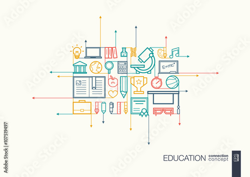 Education integrated thin line symbols. Motion arrows vector concept, with connected flat design icons. Abstract background illustration for elearning, knowledge, learn and global concepts