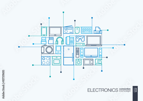 Electronics integrated thin line symbols. Modern linear style vector concept, with connected flat design icons. Abstract background illustration for multimedia shop, household and market concepts