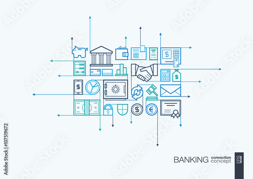 Banking integrated thin line symbols. Motion arrows vector concept, with connected flat design icons. Abstract background illustration for network, money, card, bank, business, finance concepts