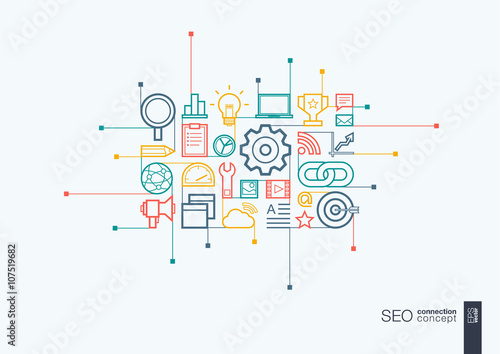 SEO integrated thin line symbols. Modern linear style vector concept, with connected flat design icons. Abstract background illustration for digital network, analytics, social media and market concept