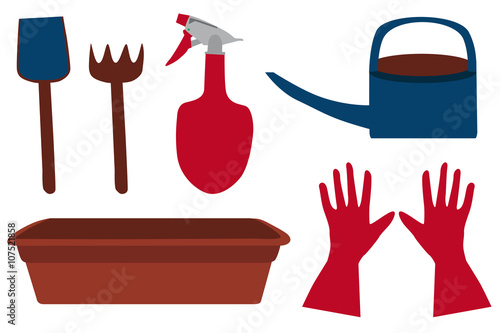 Garden bright set: blue shovel, brown rake, red sprinkler, blue watering can, red gloves and palnt tray, vector