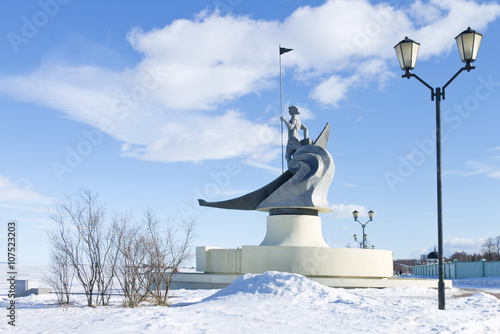 View of winter quay of Lake Onega, Petrozavodsk, Russia. Sculpture 