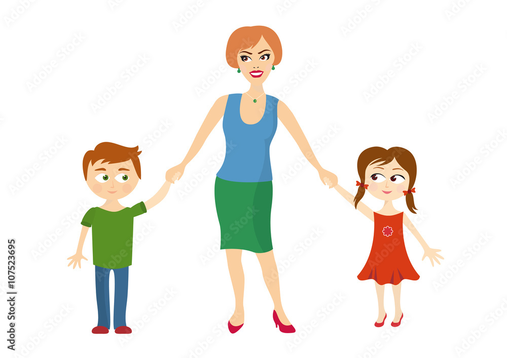 Mother hold children's hands. Illustration of mother with children on a white background. Two children with her mother Mother hold children's hands. Illustration of mother with children on a white background. Two children with her mother