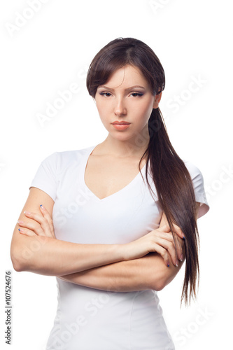 Portrait of upset woman against white background © Buyanskyy Production