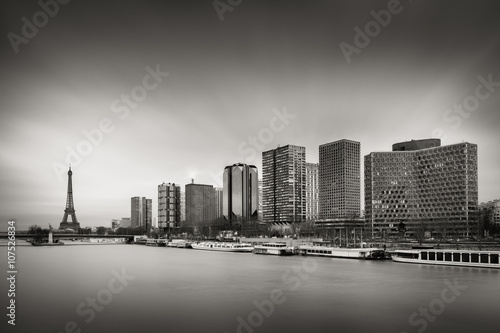 Black   White skyline with high-rise Left Bank buildings in the 15th Arrondissement with the Eiffel Tower  Seine River and Pont de Grenelle  Paris  France
