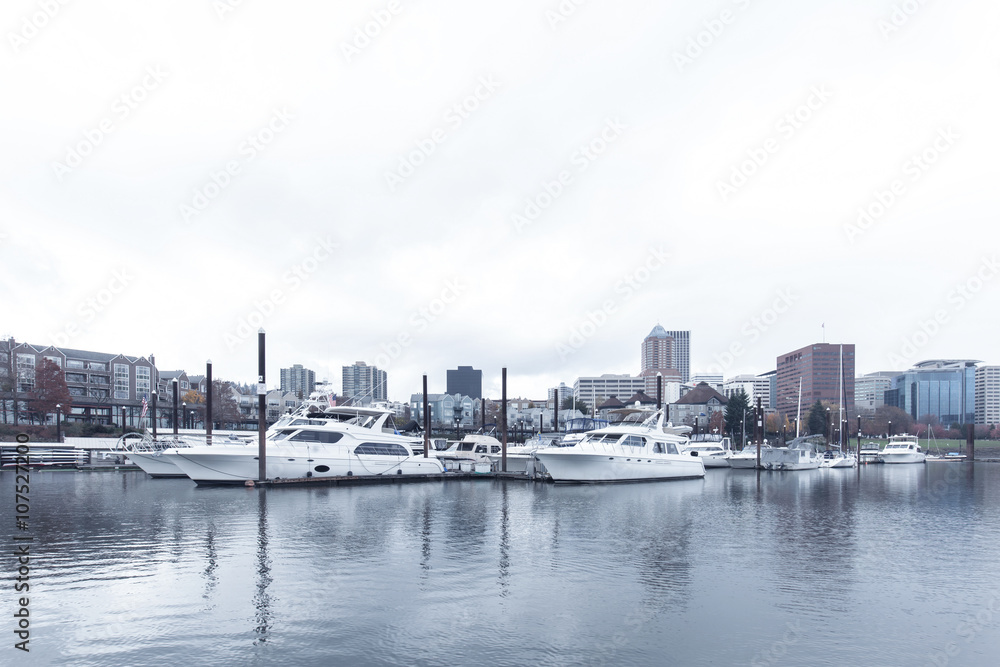 yacht on water with cityscape and skyline in portland yacht on water with cityscape and skyline in portland