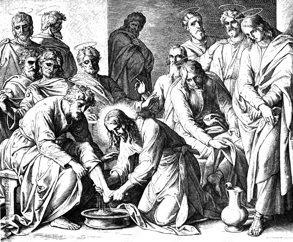 Obraz premium Jezus myje stopy uczniom 1) Święto-biblijna historia Starego i Nowego Testamentu. dwieście czterdzieści zdjęć Ed. 3. St. Petersburg, 2) 1873. 3) Rosja 4) Julius Schnorr von Carolsfeld
