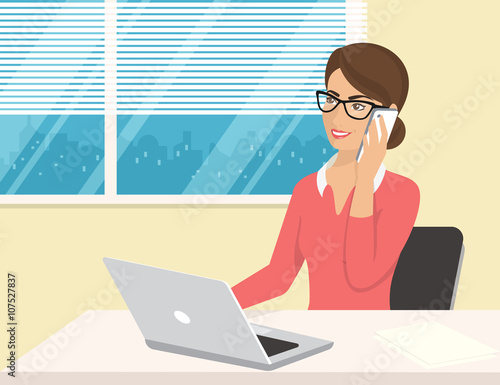 Business woman wearing rose shirt sitting in the office and talking by cellphone. Flat illustration of business people at work desk