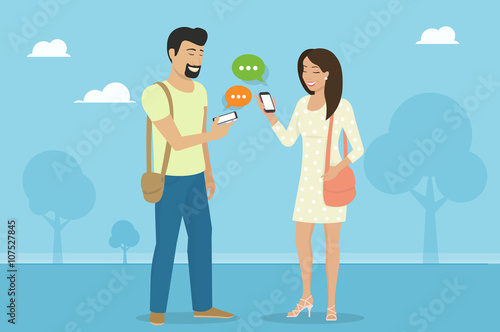 Smiling woman holds the smartphone in her hand and sending messages to her male friend via messenger app. Flat illustration of instant texting and data sharing 