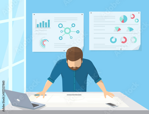 Professional architect or project manager is planning the work or drawing a building scheme. Flat illustration of business man stands near the workdesk and looks at the paper on the table