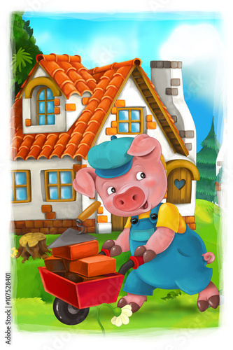 Fototapeta Cartoon scene with pig working on building his house - illustration for the children