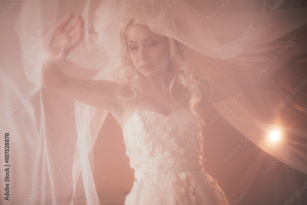 Beautiful fairytale blonde bride posing in wedding dress under v Beautiful fairytale blonde bride posing in wedding dress under v