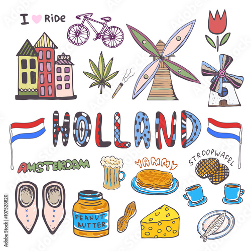 Doodle hand sketch collection of Holland icons. Netherlands culture elements for design. Vector colorful illustrations