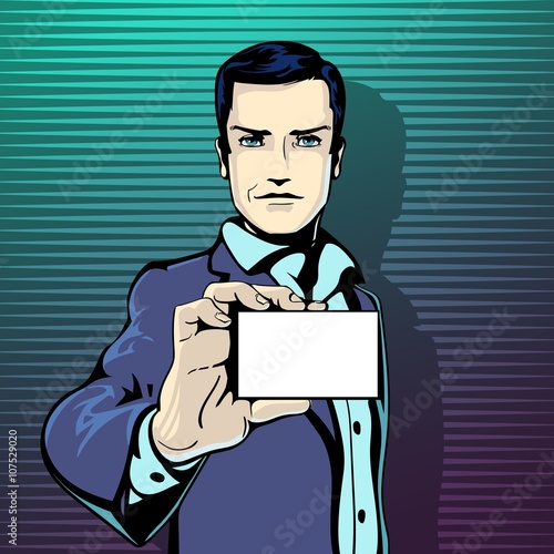 Vector illustration of successful businessman shows visit card in vintage pop art comics style. Likes and positive feel. Gesture good, agree and smile.